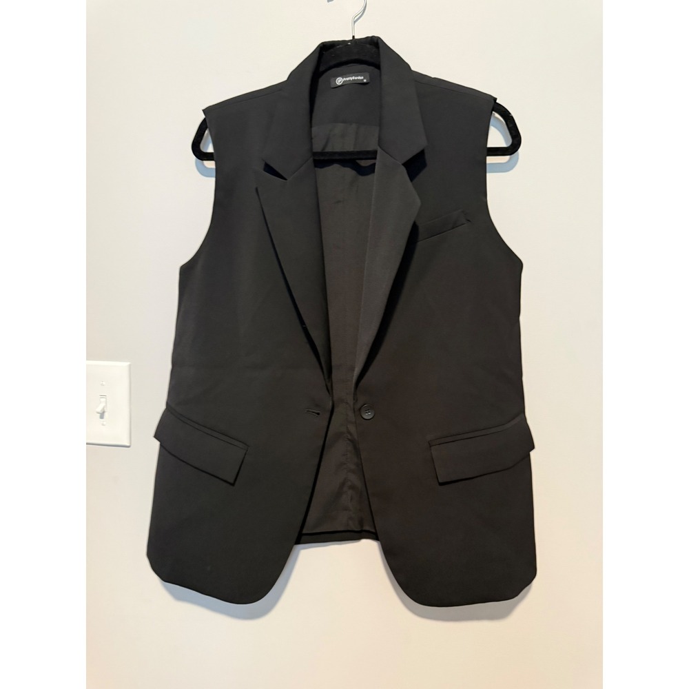 PrettyGarden Women Black Sleeveless Blazer Vest Notched Lapel Open Front Medium